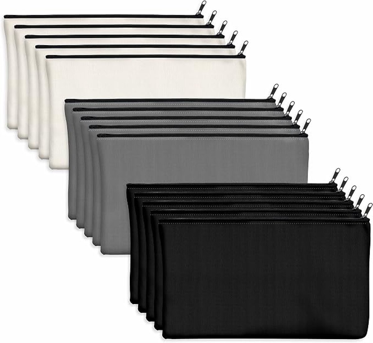 Een set van 15 blanco katoenen canvas doe-het-zelf tasjes met rits - opbergtasjes - kleine tasjes/cosmeticatasjes - toilettasjes - opbergtasjes voor schrijfwaren - 5 in zwart, wit en grijs - 12*21 cm