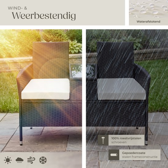 Een zwarte polyrattan tuinbank met beige kussens, getoond in zonlicht en regen.