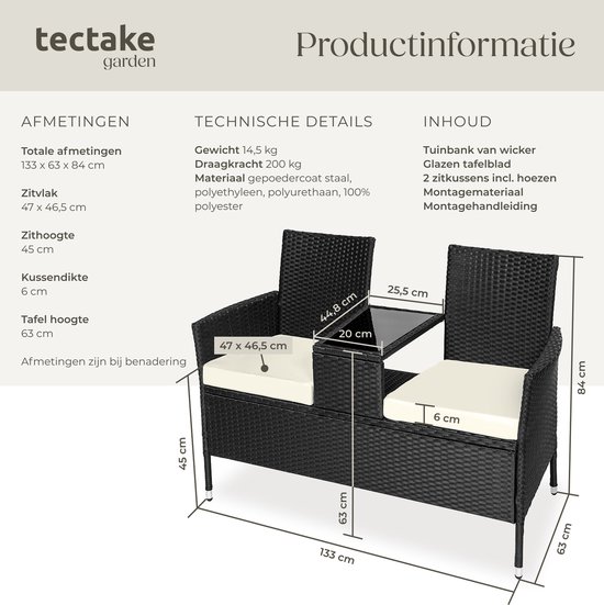 Afmetingen van een zwarte polyrattan tuinbank met geïntegreerde tafel en beige kussens.