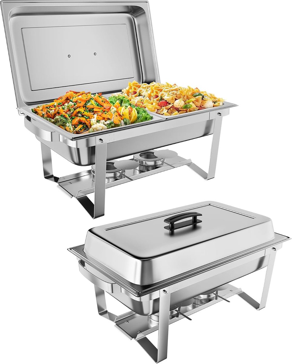 Chafing Dish Set van 2 - 9 Liter Rechthoekige RVS Buffet Warmhouders - Spiegelglans Warmhoudschaal voor Catering, Bruiloft, Feest & Horeca - Voedselveilig met Brandpastahouders