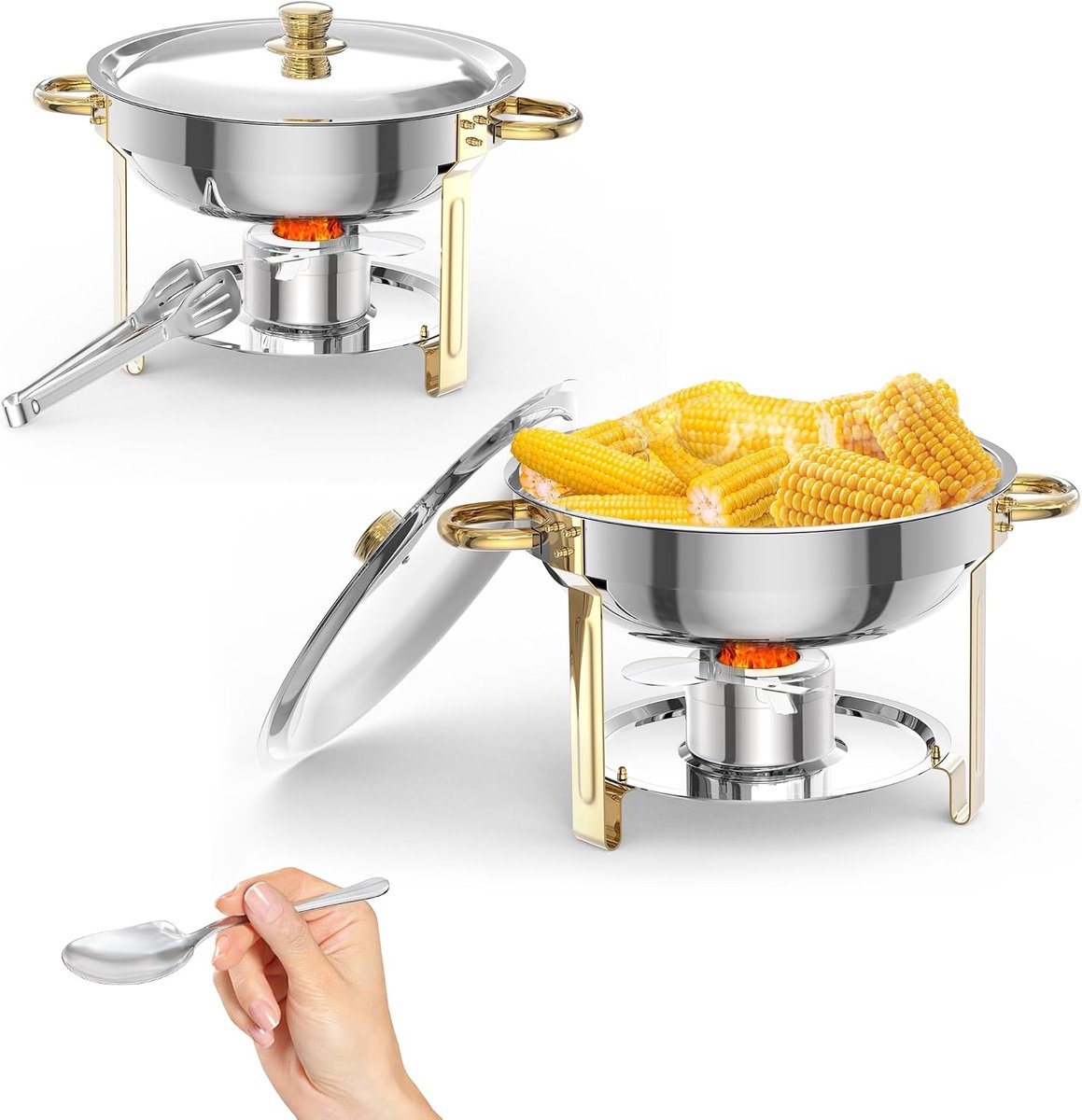 Chafing Dish Set van 2 - Ronde RVS Buffet Warmhouder (32 cm) - Warmhoudschaal voor Catering, Bruiloft, Feest & Horeca - Met Hangend Deksel & Brandpasta Houder - Spiegelglans