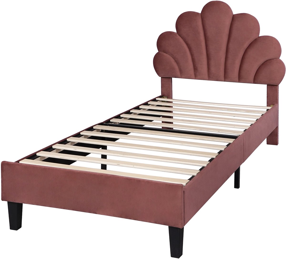 MUVANO Gestoffeerd Kinderbed 90x200 - Bedframe Met Bloemvormig Hoofdbord - Fluwelen Eenpersoonsbed - 90x200 cm - Lattenbodem - Slaapkamer Rood