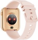 Achterkant van een gouden smartwatch met roze band, met sensoren en het logo 'SYNYQ'.