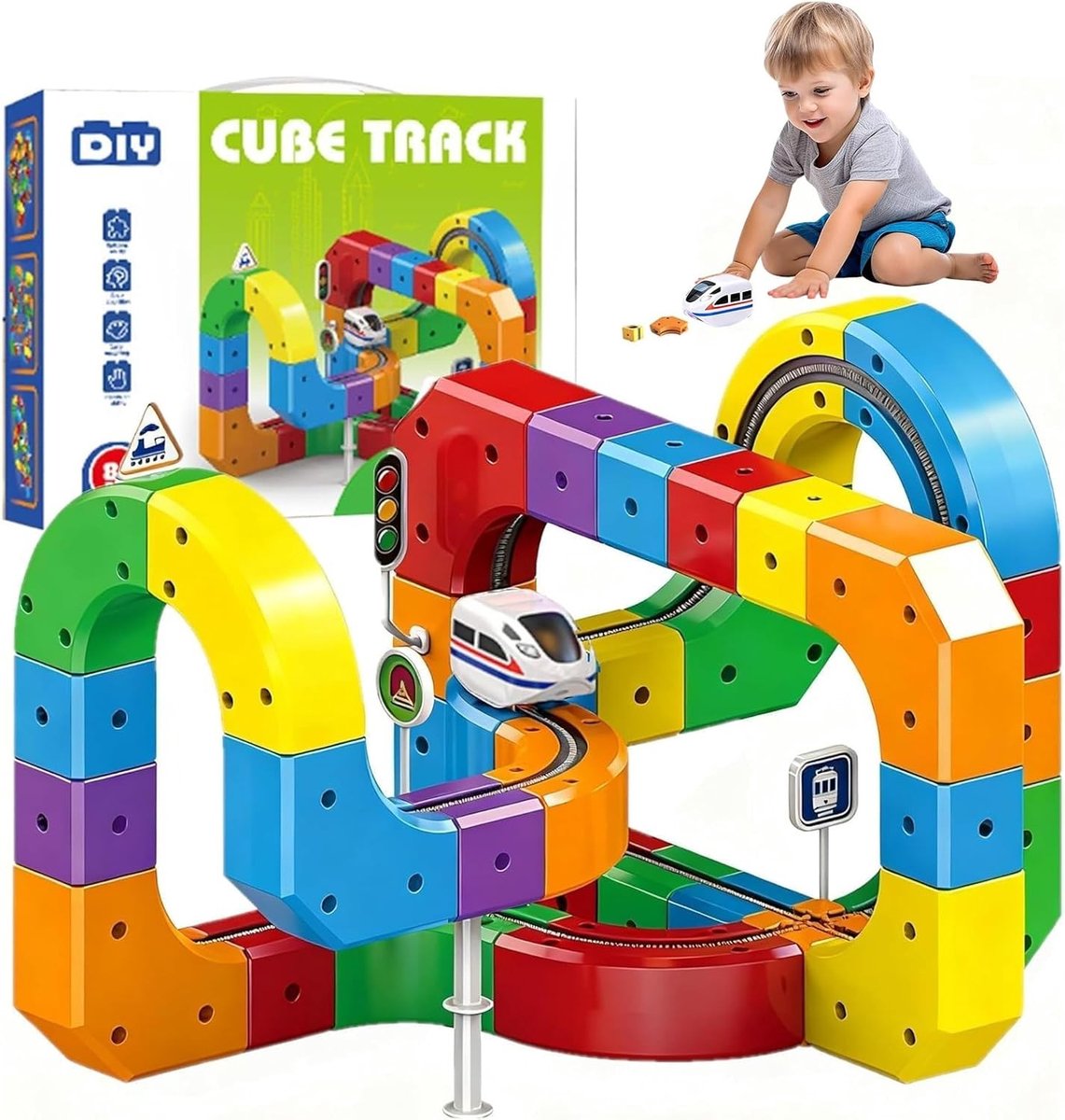 Elektrische Treinset met 81 Onderdelen, DIY Cube Speelgoed met Zwaartekrachtuitdaging, 3D Layouts en Magnetisch Spoor voor Kinderen