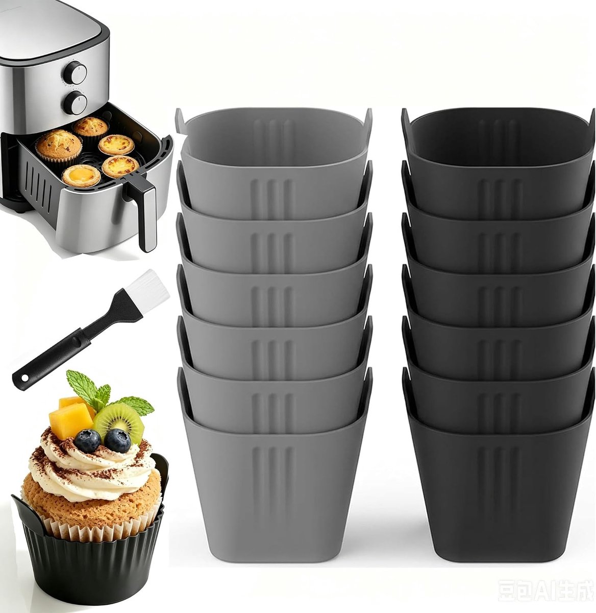 Herbruikbare Siliconen Muffinvormen voor Airfryer - Set van 12 voor Cupcakes, Eieren en Taarten met Keukenborstel inbegrepen