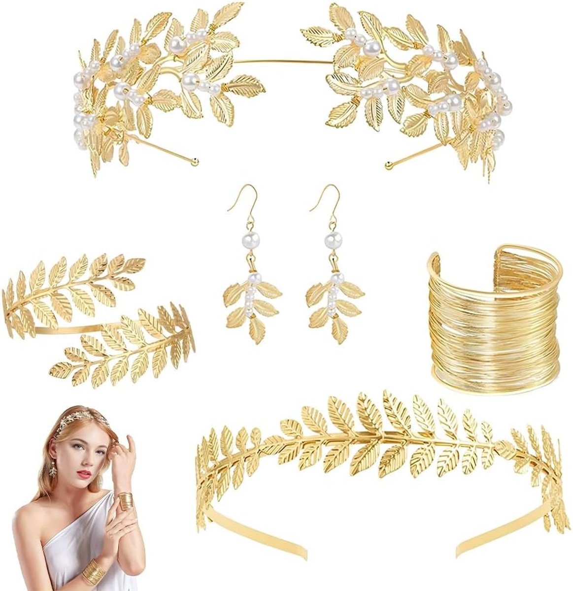 5-delige kostuumset voor Griekse godin met sieraden, laurierkrans en haarspeld voor carnaval en bruiloft