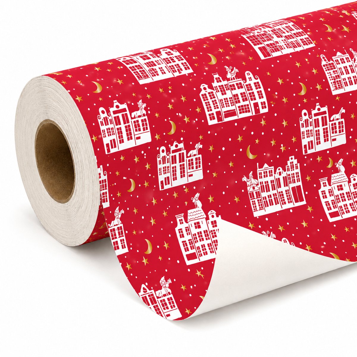 Papierrol – Sinterklaas Red Village – Rood – 50 cm x 100 meter – Cadeaupapier