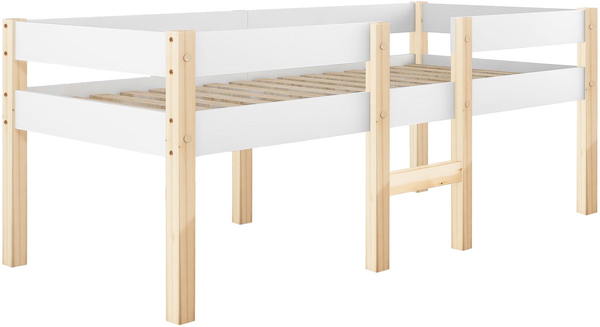 MUVANO Kinderbed met uitvalbeveiliging - Halfhoogslaper wit en eiken - Massief grenenhout 90x190 cm - Ruimtebesparend - Kinderkamer Wit
