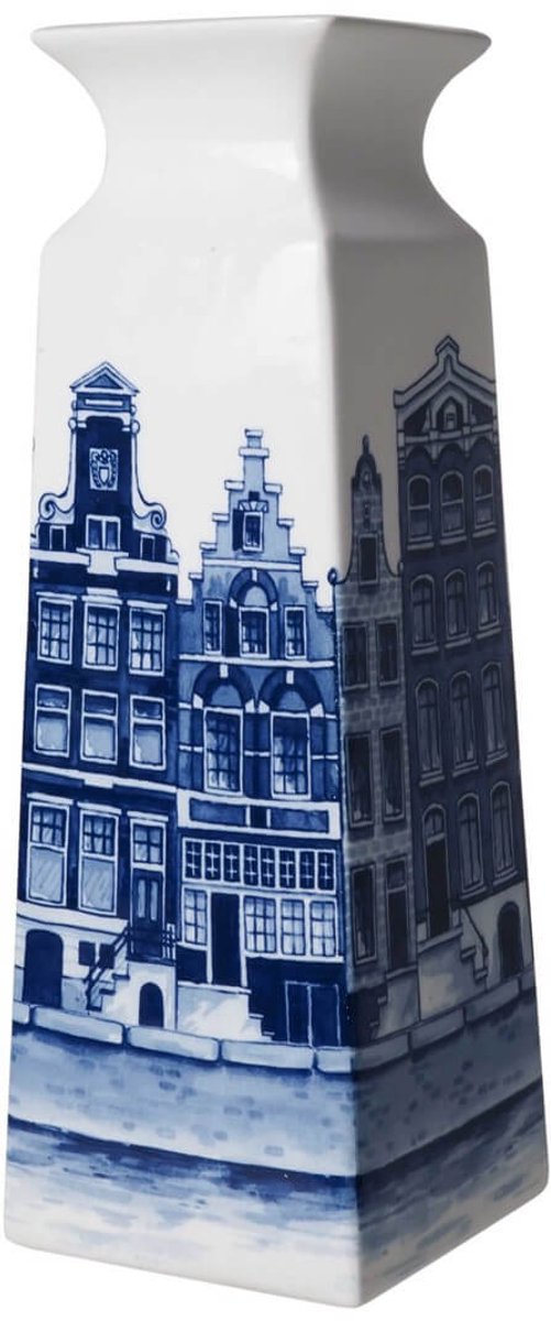 Heinen Delfts Blauw Vaas Vierkant - Huisjes - Keramiek - 22 cm Wit