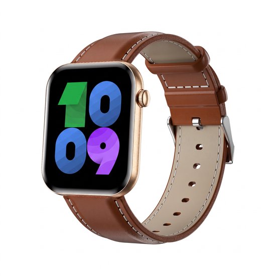 Gouden smartwatch met bruine leren band en een digitale wijzerplaat met gekleurde cijfers.