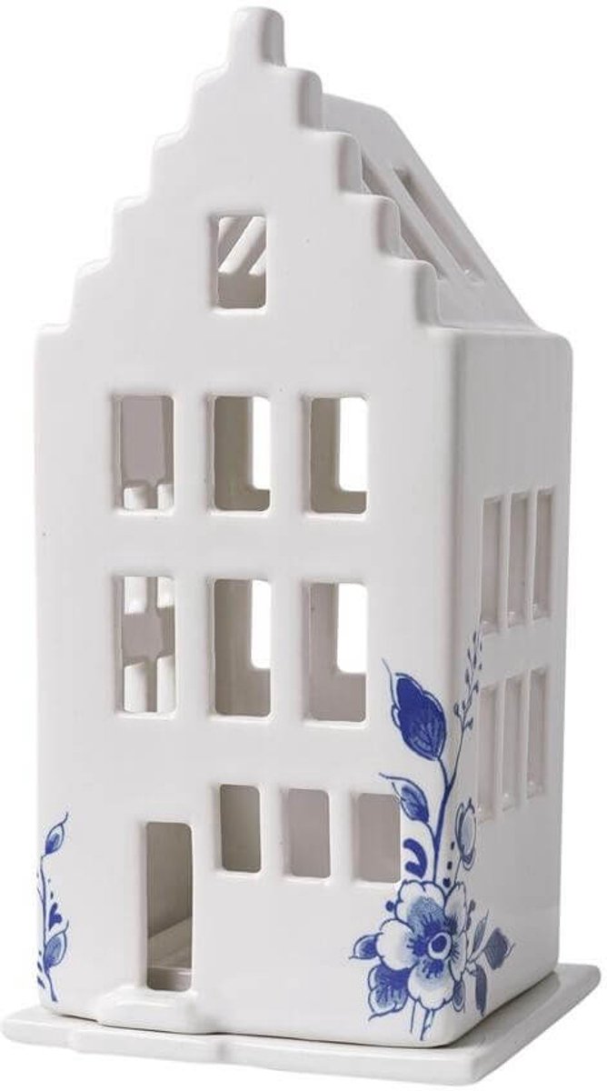 Heinen Delfts Blauw Waxinelichthouder huis - trapgevel - Delfts blauw - 17 cm