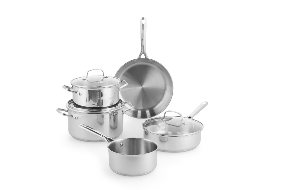 BK Sparkling Uncoated Pannenset 5-delig - 18-28cm - 3.6L - Zonder PFAS-vrije antikleeflaag - Pannenset inductie - RVS pannenset - Ovenbestendig tot 230°C - Hapjespan 28cm met deksel - Met glazen deksel - Zilver