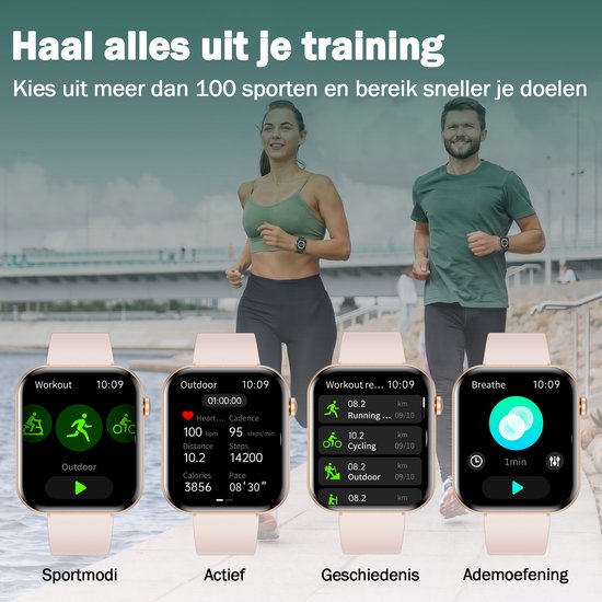 Gouden smartwatch met roze band, met vier sport-gerelateerde wijzerplaten: sportmodus, actief, geschiedenis en ademoefening.