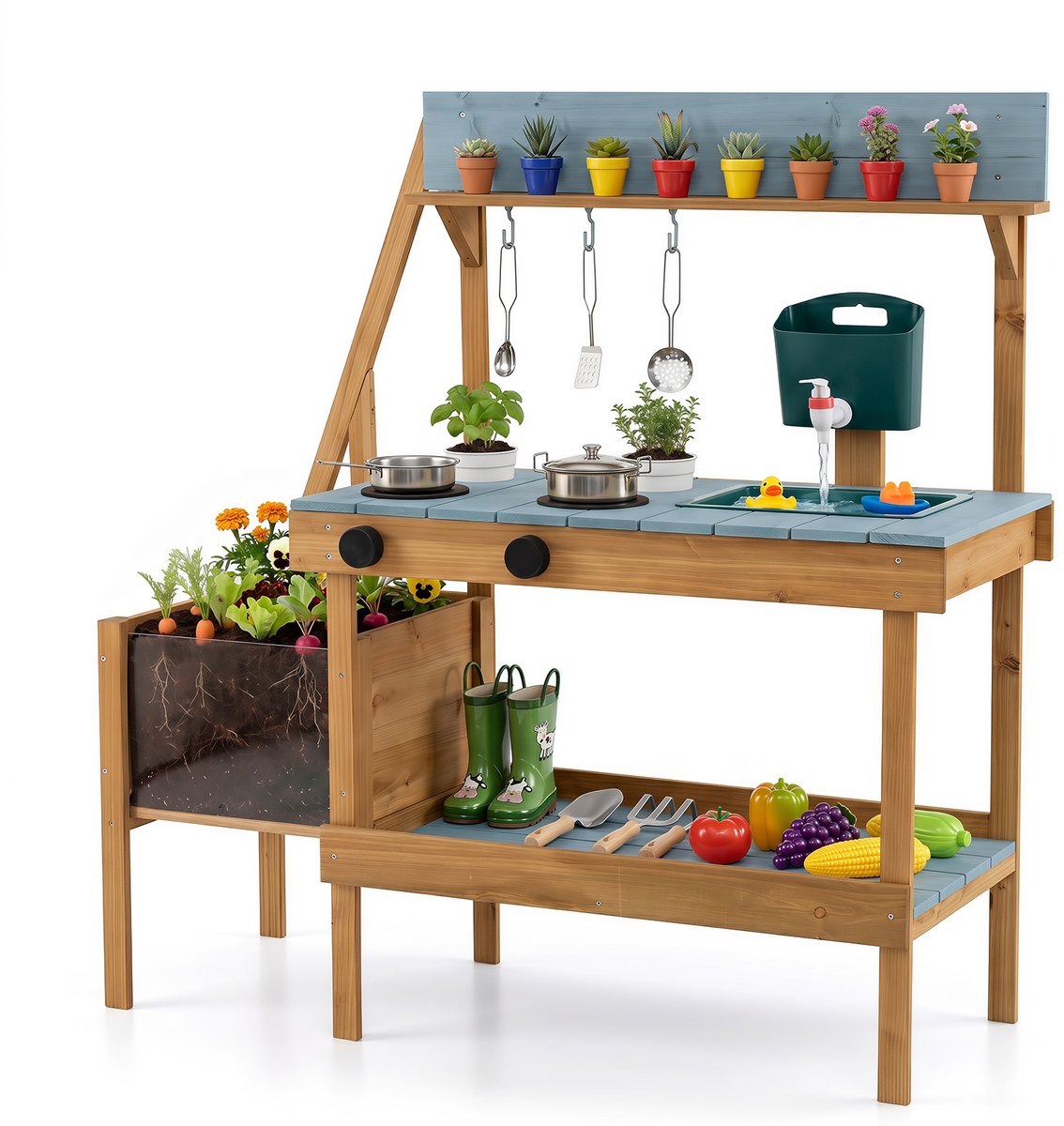 COSTWAY Modderkeuken voor kinderen, outdoor, speelkeuken met waterreservoir