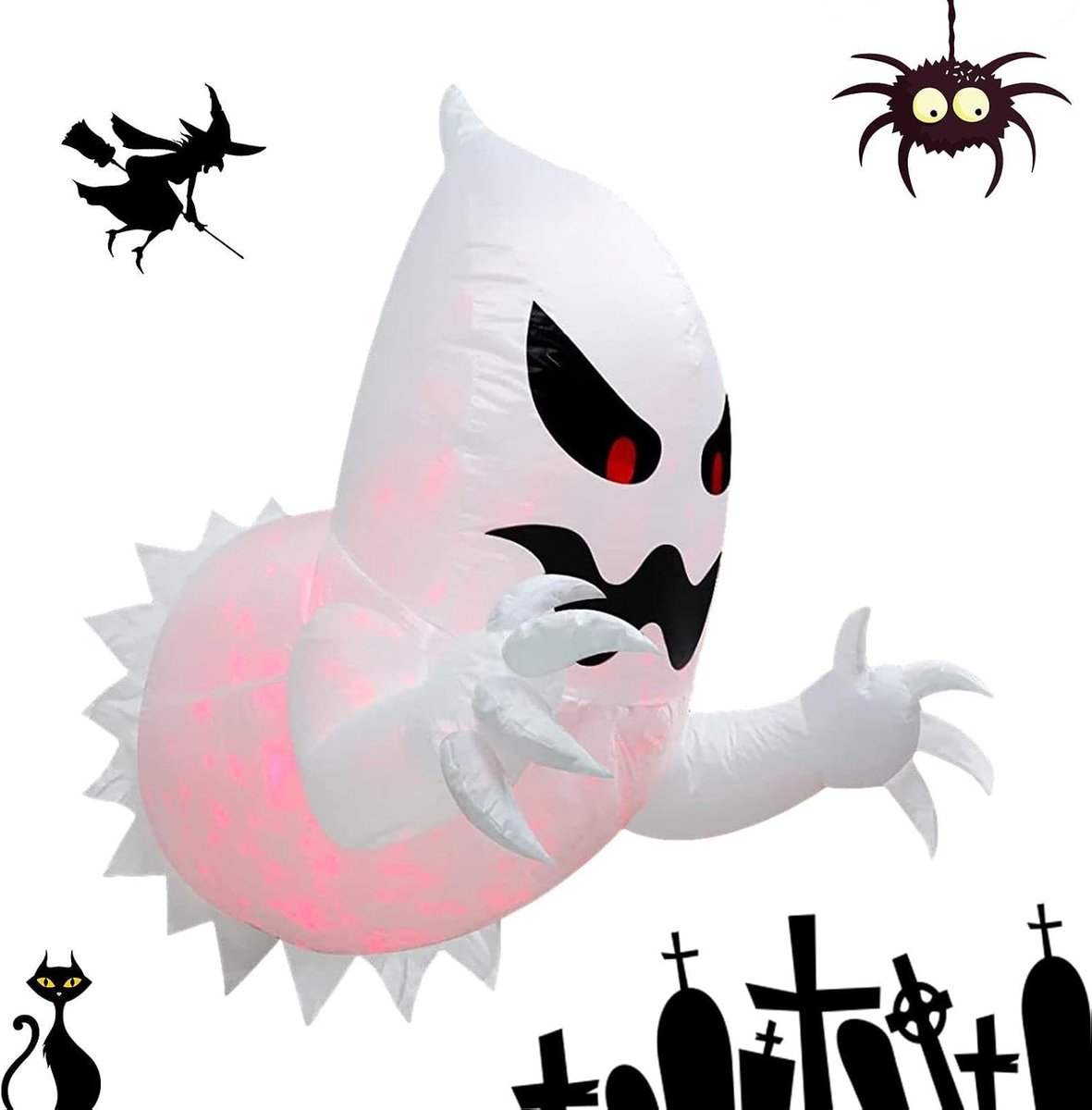 Opblaasbare Halloween spook met rood licht - horror vliegende spook uit het raam breken - voor de familie tuin partij props - wit