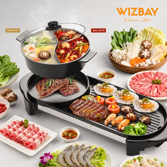 Elektrische grill met hot pot met milde en pittige bouillon, gegrild vlees, garnalen, coquilles en groenten.
