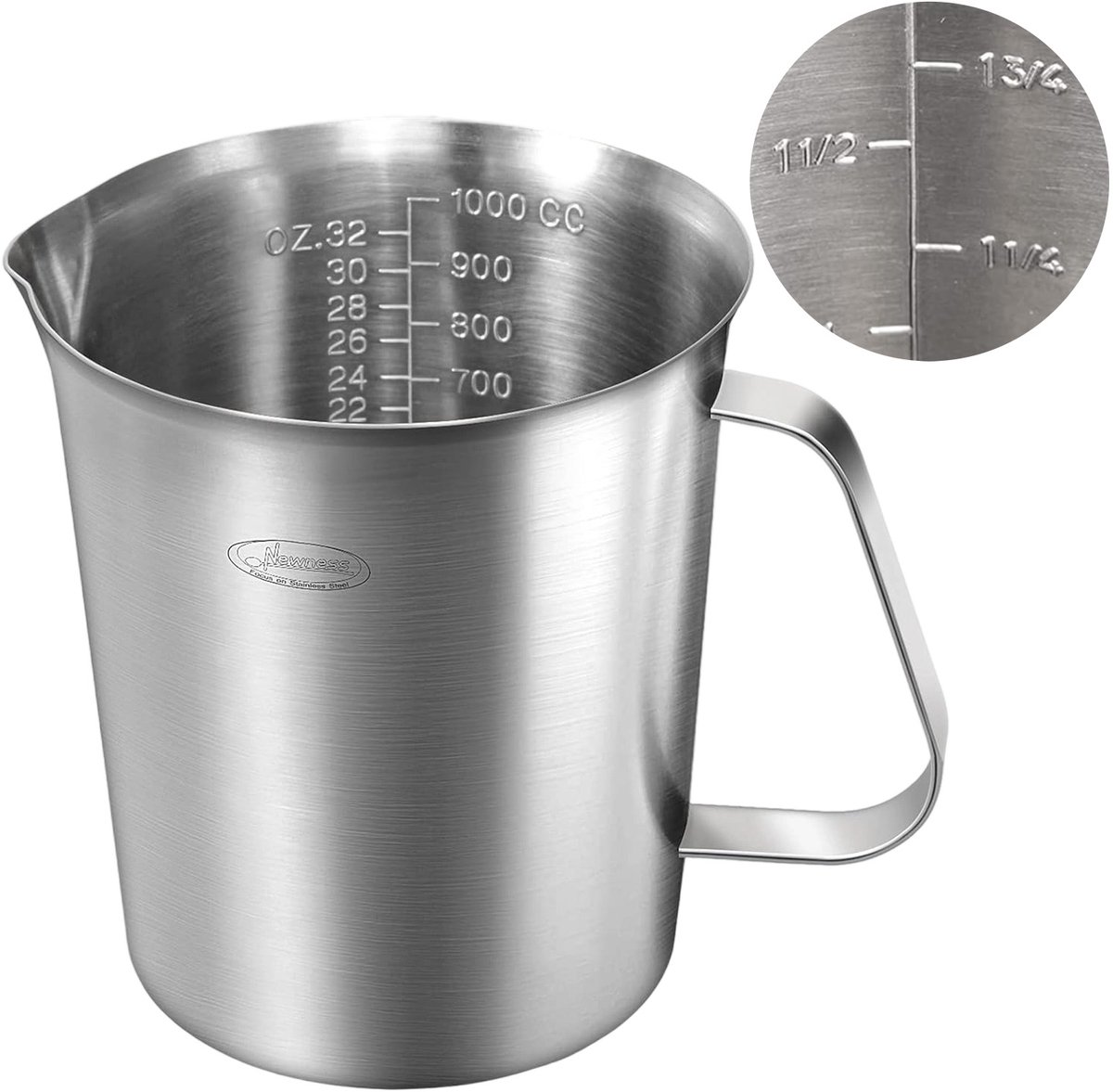 MODFU RVS Maatbeker 1000 ml - 304 Roestvrij Staal - Maatkan met Schaalverdeling in ml, oz & cups - Voor Koken en Bakken - Zilver