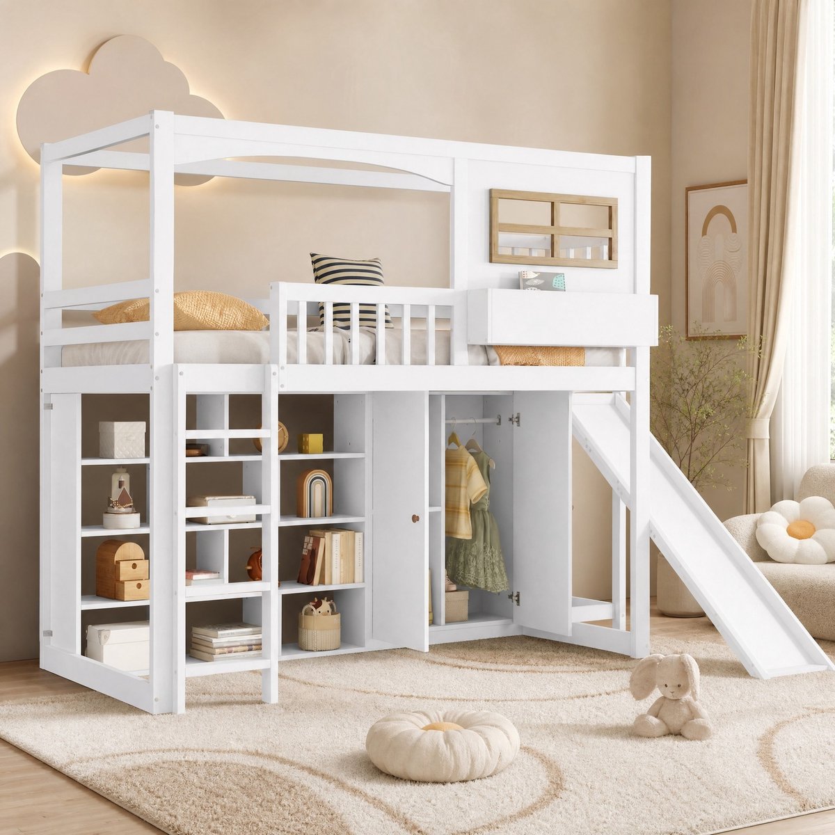 COVREO Stapelbed met glijbaan en uitvalbeveiliging – Kinderbed met kledingkast en opbergruimte – Hoogslaper voor kinderkamer – 251x156x180 cm – Wit - zonder matras
