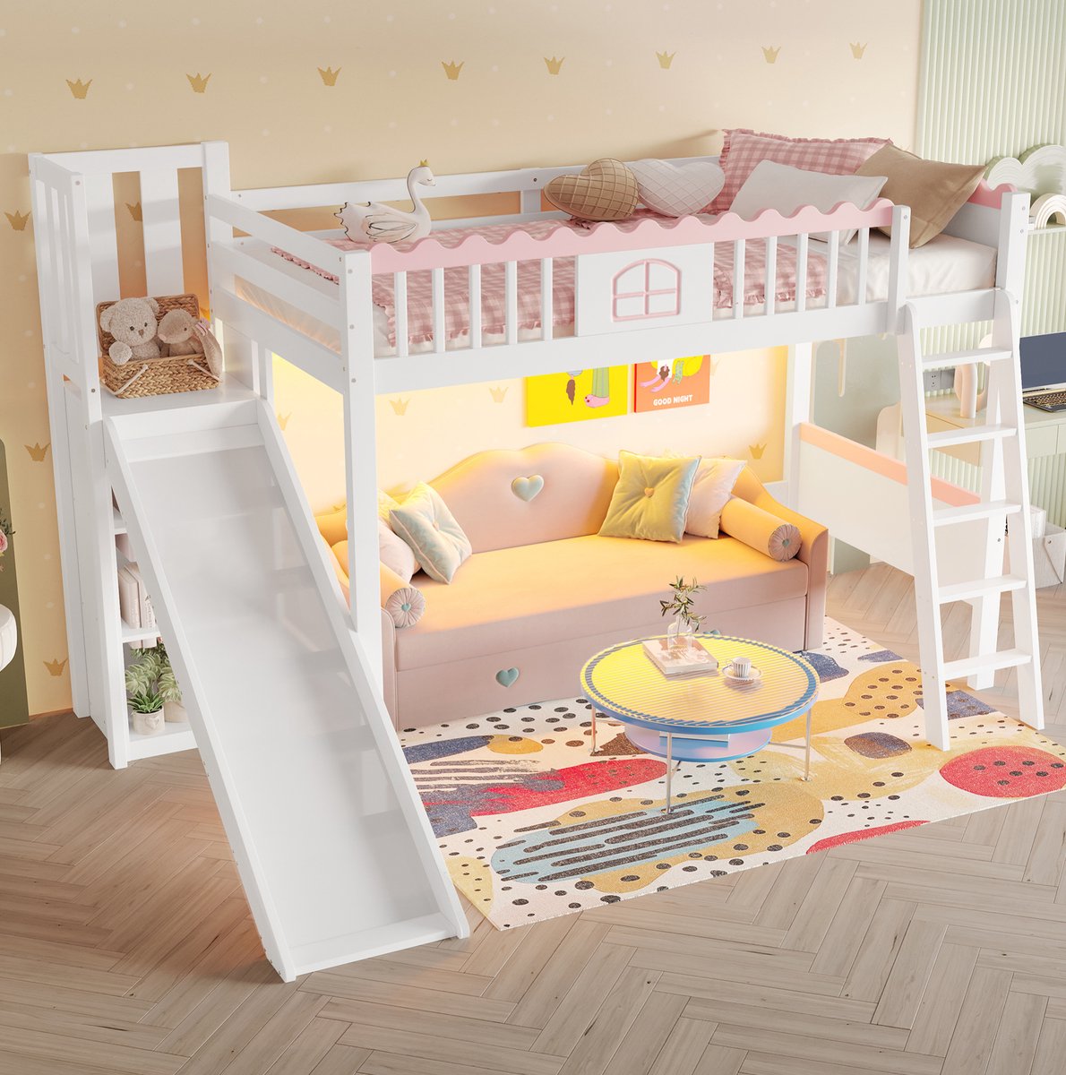 COVREO Hoogslaper met glijbaan en LED-verlichting – 90x200 cm – Kinderbed met opbergrekken – voor kinderkamer – Wit - zonder matras