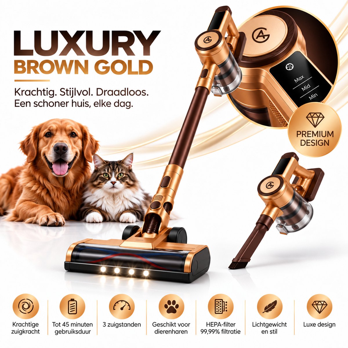 AG4200 Steelstofzuiger Draadloos – Stofzuiger Zonder Zak - 35.000 Pa – Krachtige Draadloze Stofzuiger – Kruimeldief – Dierenharen – LED Zuigmond – Lichtgewicht – Luxury Brown Gold