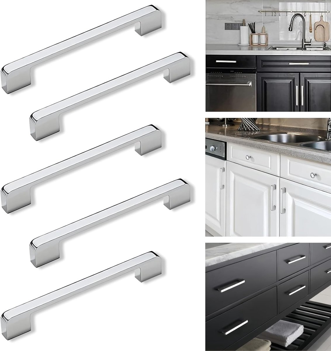 Deurhandgrepen 160mm Gatafstand Verchroomd Amerikaans Stijl Zinklegering Meubelbeslag voor Keuken en Kast - Set van 5 Stuks