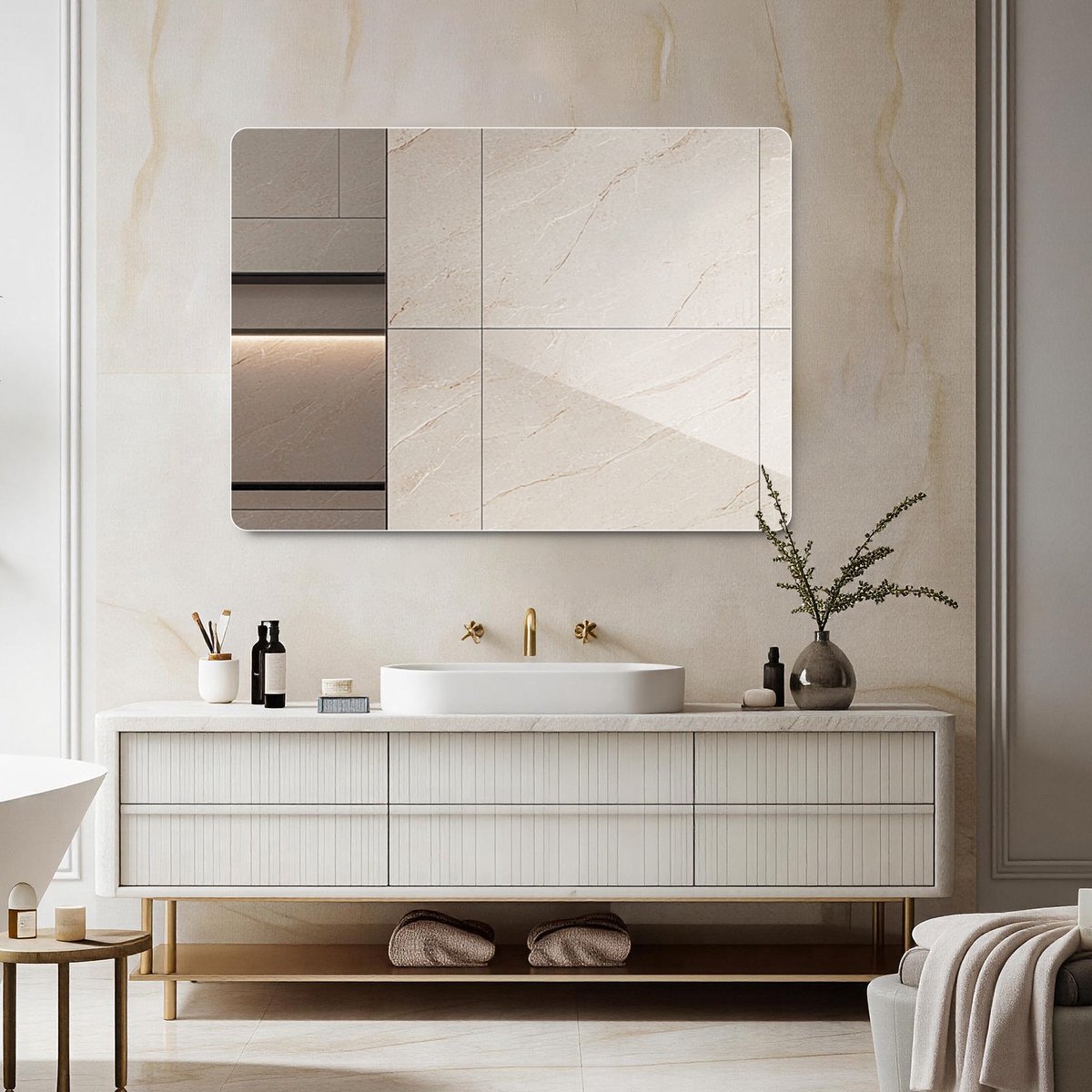 60*80CM Frameloze wandspiegel – HD koperloze badkamerspiegel, moderne spiegel voor kaptafel/slaapkamer/hal, verticale of horizontale ophangbare decoratieve spiegel met onbreekbare folie
