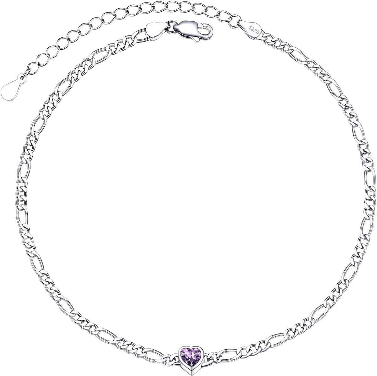 Zilveren Figaro Enkelband voor Dames met Immitatie Amethist Hart - Elegante Sieraden voor Elke Gelegenheid