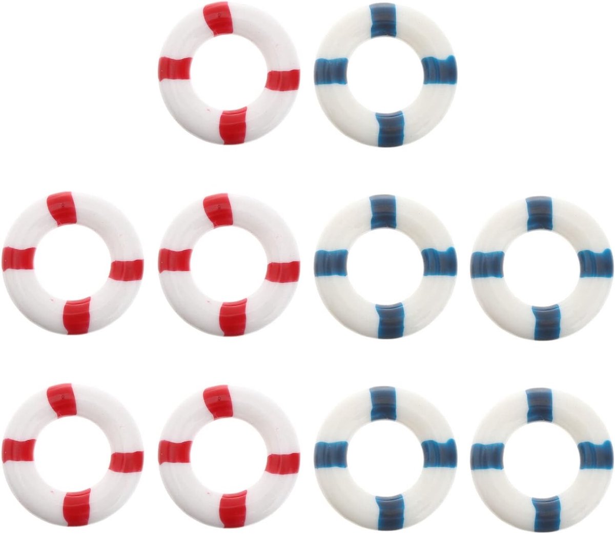 Set van 10 Houten Mini Reddingsringen voor Decoratie van Stranden en Miniatuurlandschappen in Rood en Blauw