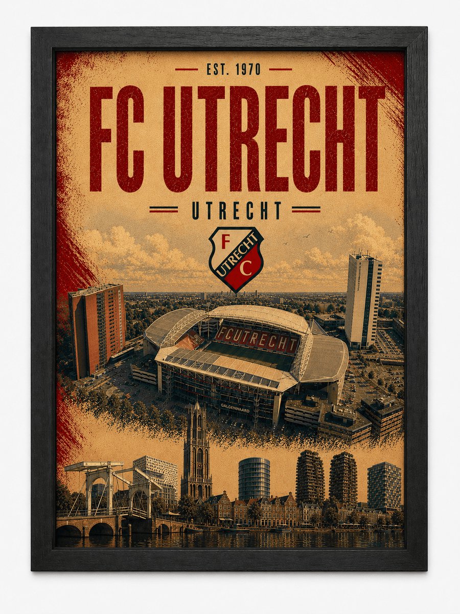 FC Utrecht Poster | Stadion Galgenwaard Vintage Art Print | Retro Voetbal Poster | Inclusief Zwarte A3 Lijst
