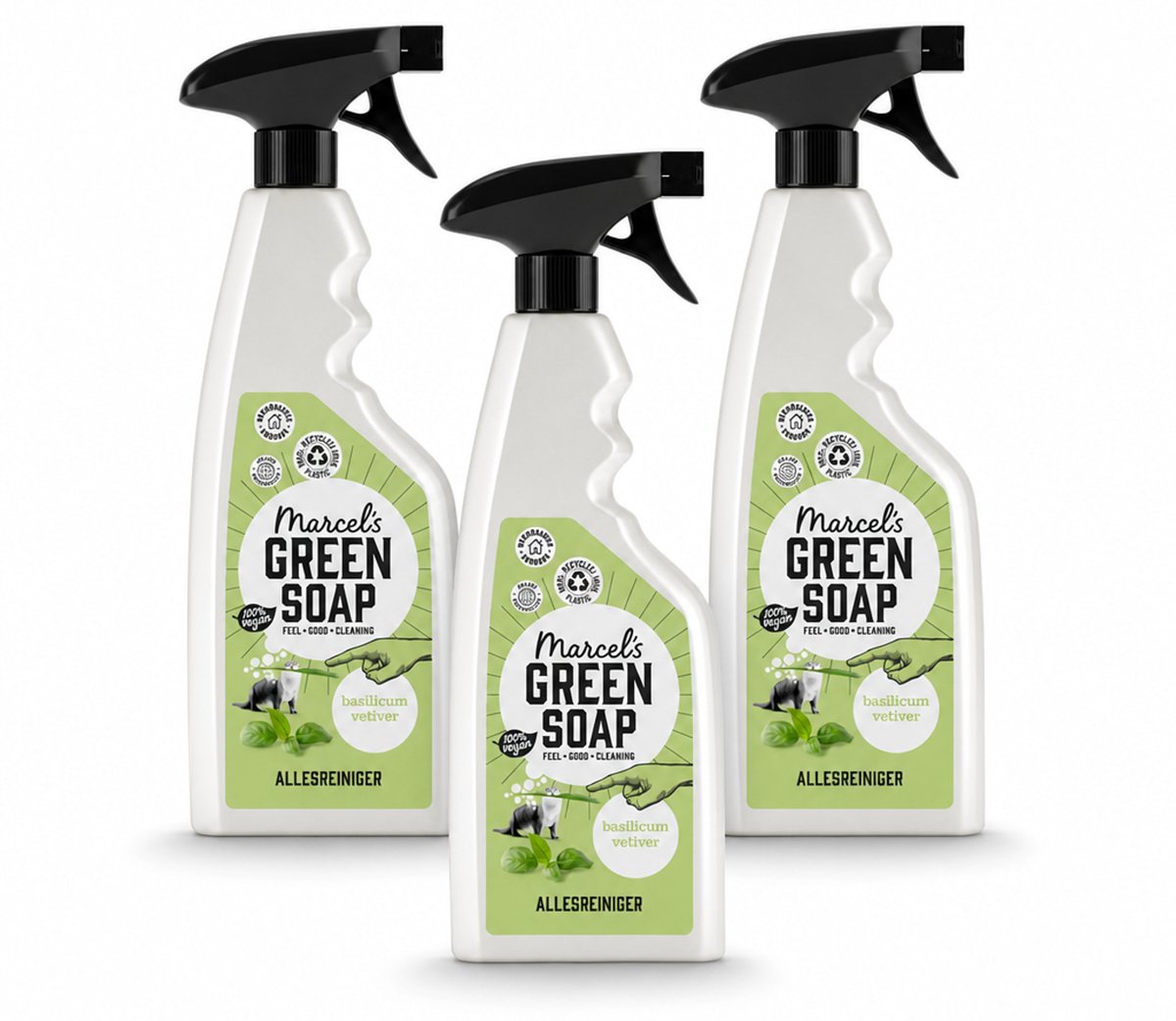 3 x Marcel's Green Soap - Allesreiniger Spray - Basilicum & Vetiver gras - Natuurlijk & effectief - 500 ml - Bulkverpakking - 3 stuks
