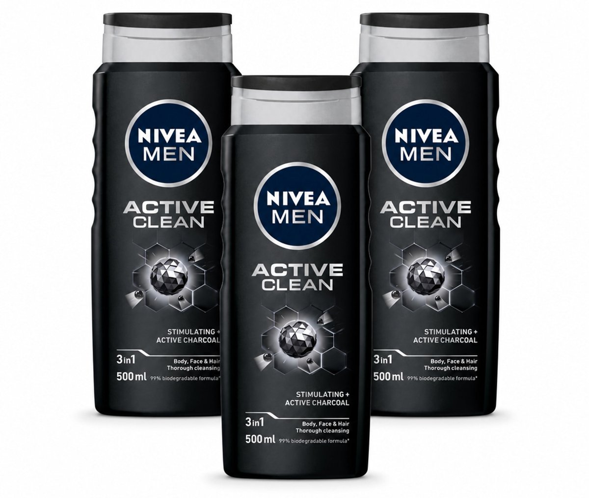 3 x NIVEA MEN - Douchegel - Active Clean - 500 ml - Bulkverpakking - 3 stuks