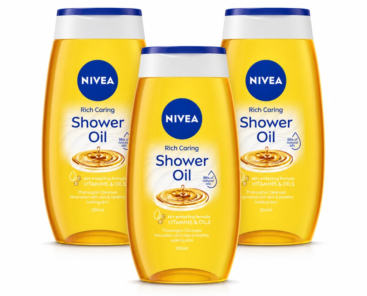3 x NIVEA - Doucheolie - Natuurlijke Doucheolie - 200 ml - Bulkverpakking - 3 stuks