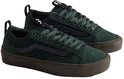 Paar groene Vans Old Skool sneakers met donkerbruine zolen en donkergrijs Vans-logo op de zijkant.