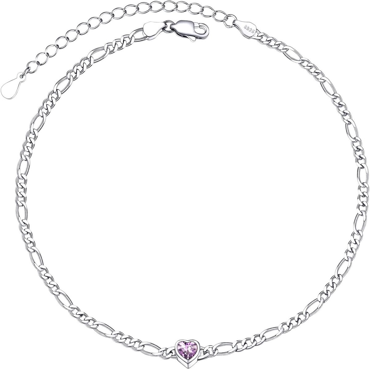 Elegante Enkelband voor Vrouwen van Zilver met Figaro Schakel en Synthetische Alexandriet Hart