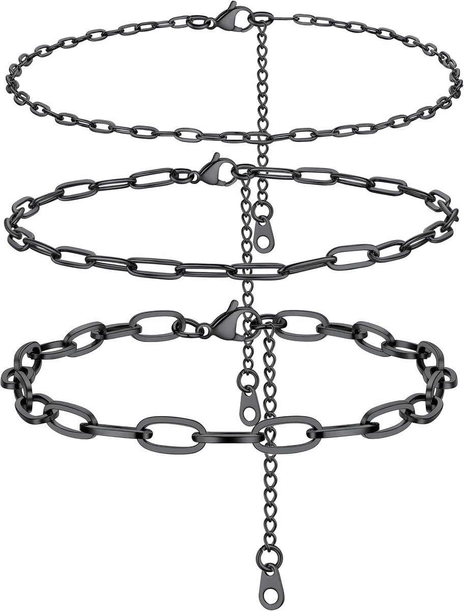3-delige enkelband voor dames, zwarte paperclips, 22 cm lang, trendy zomeraccessoire voor meisjes, verstelbare en stijlvolle anklet