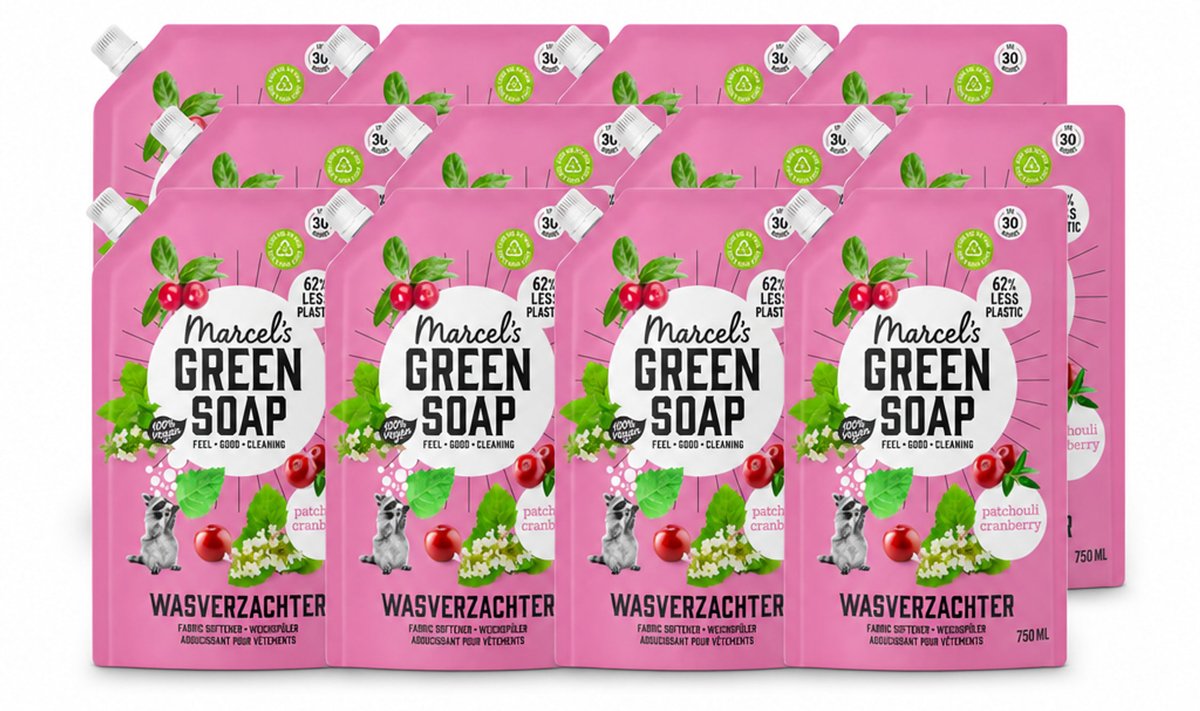 12 x Marcel’s Green Soap – Wasverzachter – Patchouli & Cranberry - Navulling – 750 ml - Voordeelverpakking - 12 stuks