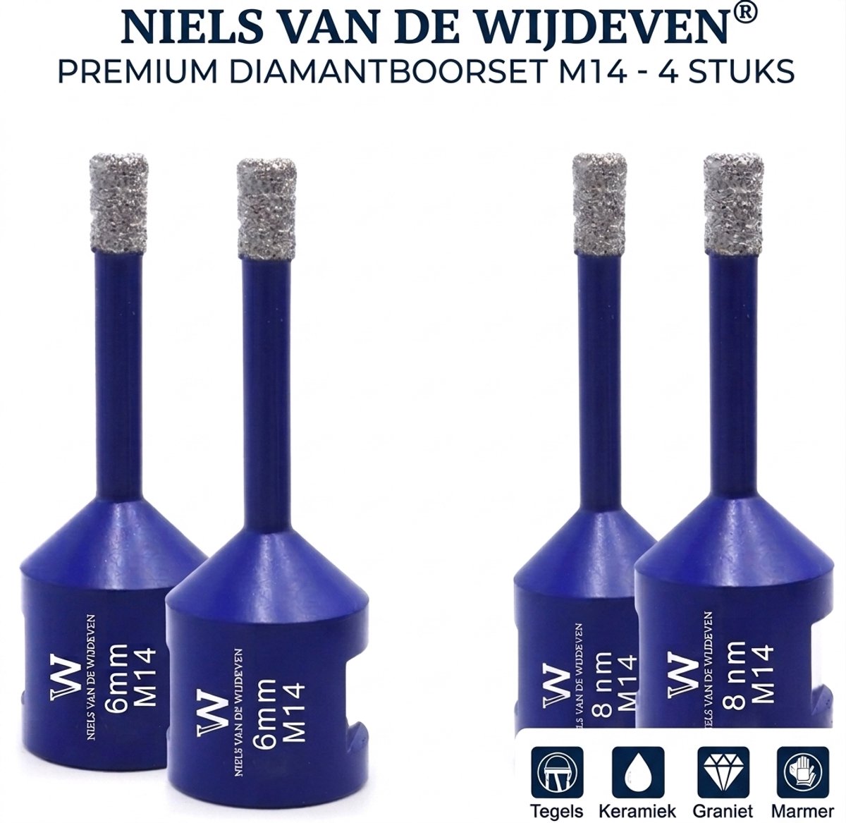 Niels van de Wijdeven® Premium Diamantboorset M14 - 4-Delig - 2x 6 mm & 2x 8 mm - Voor Haakse Slijper - Tegelboren Voordeelset voor Sanitair, Douchestangen & Muurpluggen - Droogboren Keramiek, Porcellanato, Graniet & Marmer