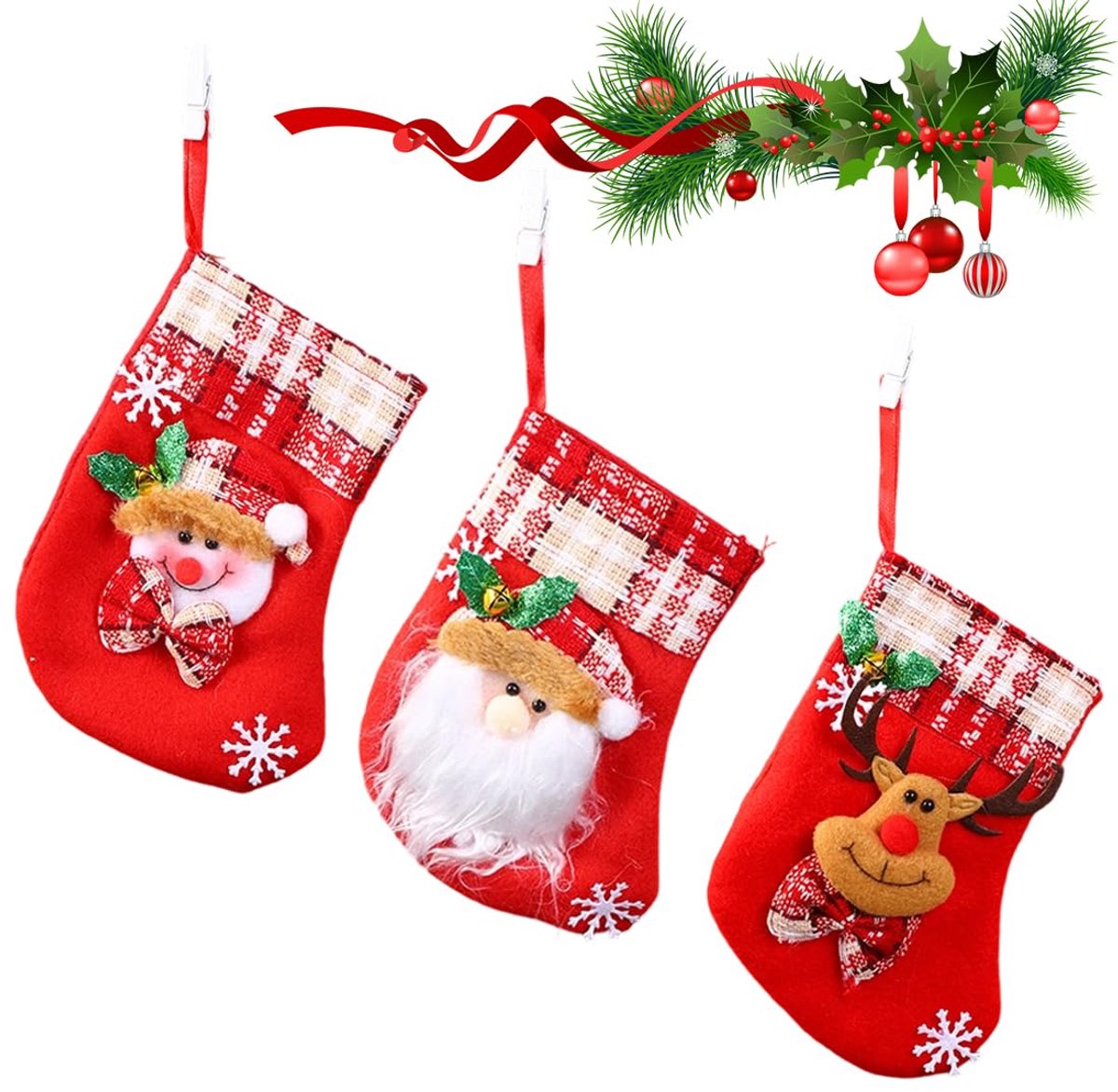3 stuks Kleine Kerstsokken - Van flanel, gepersonaliseerd - Om te vullen en op te hangen, voor kinderen, voor openhaard decoratie - Rood