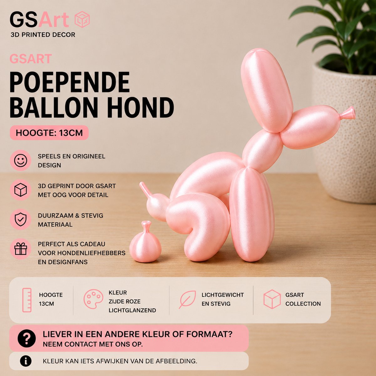 GSArt Decoratief Beeld Poepende Ballon Hond – Grappige Woondecoratie - 13cm Zijde Roze
