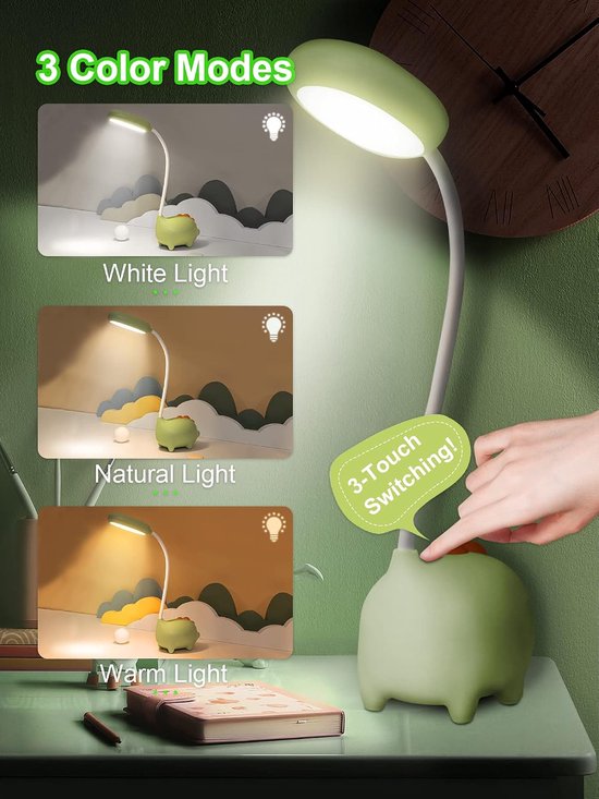 Dinosaurus bureaulamp, schattige kinderbureaulampen met aanraakbediening om te lezen, geen flikkering, 3 kleurmodi, nachtlampjes voor de kinderkamer, kawaii bureau-accessoires, kawaii kamerdecoratie voor jongens en meisjes, cadeaus — afbeelding 5