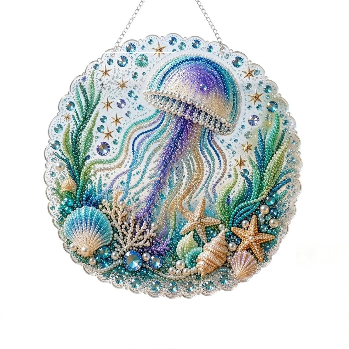 Casalora® Diamond Painting Oceaanhanger – 5D Acryl Zeedecoratie – Kwal – Enkelzijdige DIY Set met Parels en Speciale Vorm Diamantjes – Oceaan Raamdecoratie – 20 × 20 cm