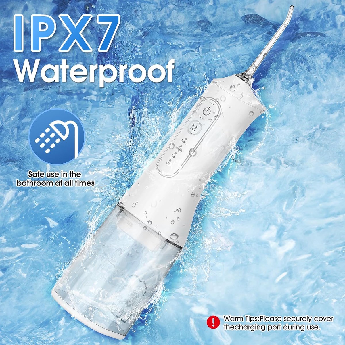 Waterflosser, Draadloze Monddouche met 300 ml Waterreservoir, 4 Reinigingsstanden en 6 Opzetstukken, IPX7 Waterbestendig, Oplaadbare Mondirrigator voor Beugels, Tandvleesverzorging, Thuis en Reizen, Wit thumbnail 6
