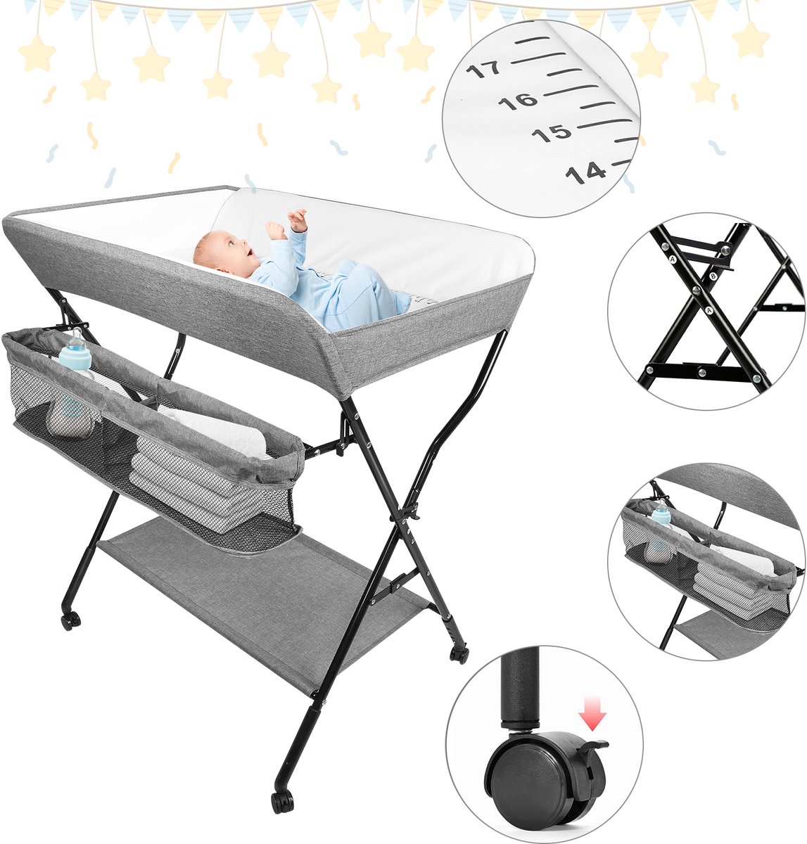 PIPIPOXER Luiertafel opvouwbaar - Met wielen waterdicht- Vrijstaande Verschoontafe- Afneembare Zij-Caddy - PVC - Verstelbare Hoogte - Verzorgingstafel - Opvouwbare & Mobiele commode- Grijs