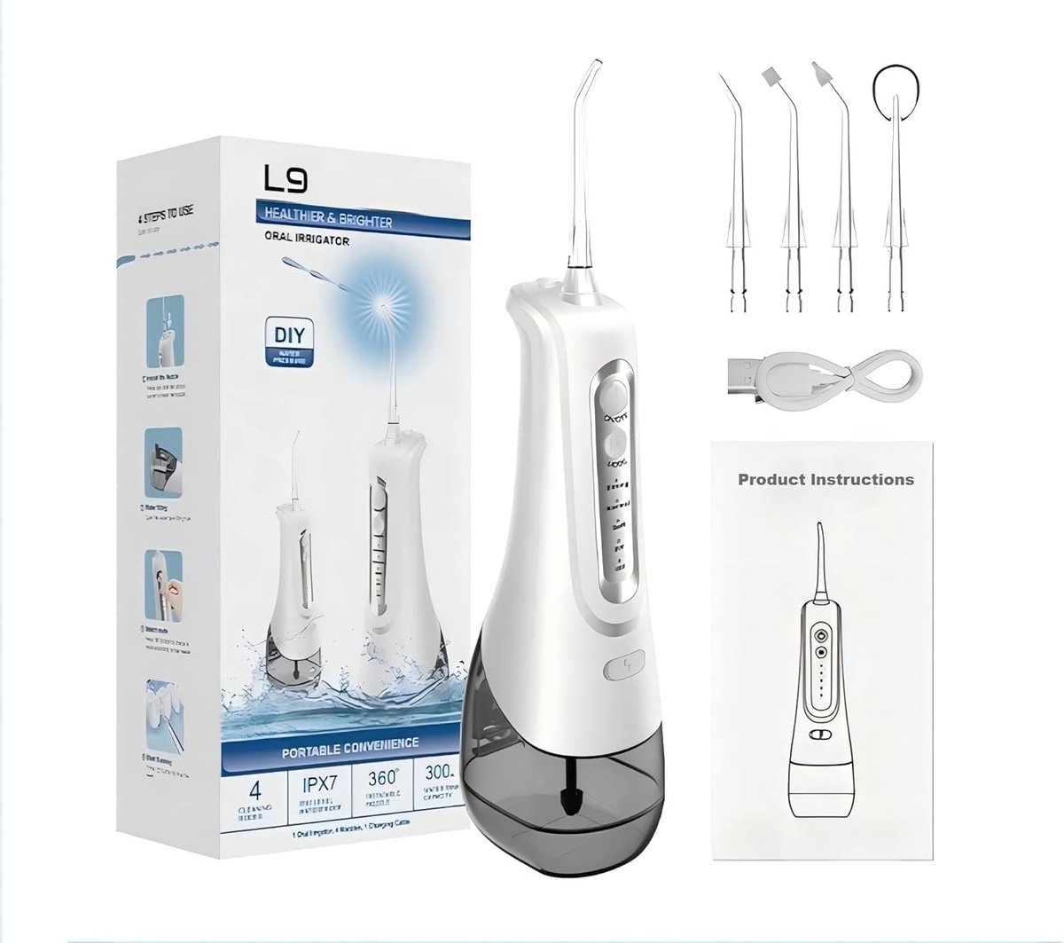 Waterflosser, Draadloze Monddouche met 300 ml Waterreservoir, USB-C Oplaadbaar, IPX7 Waterbestendig, 4 Reinigingsstanden en 5 Opzetstukken, tot 50 Dagen Batterijduur, voor Beugels, Gevoelig Tandvlees en Reizen-Wit