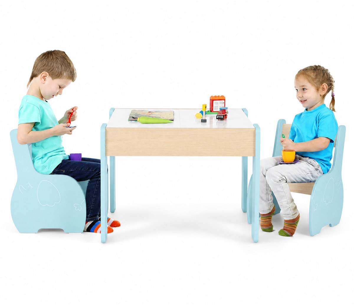 COSTWAY Kindertafel met 2 stoelen, schildertafel kinderen met opbergruimte