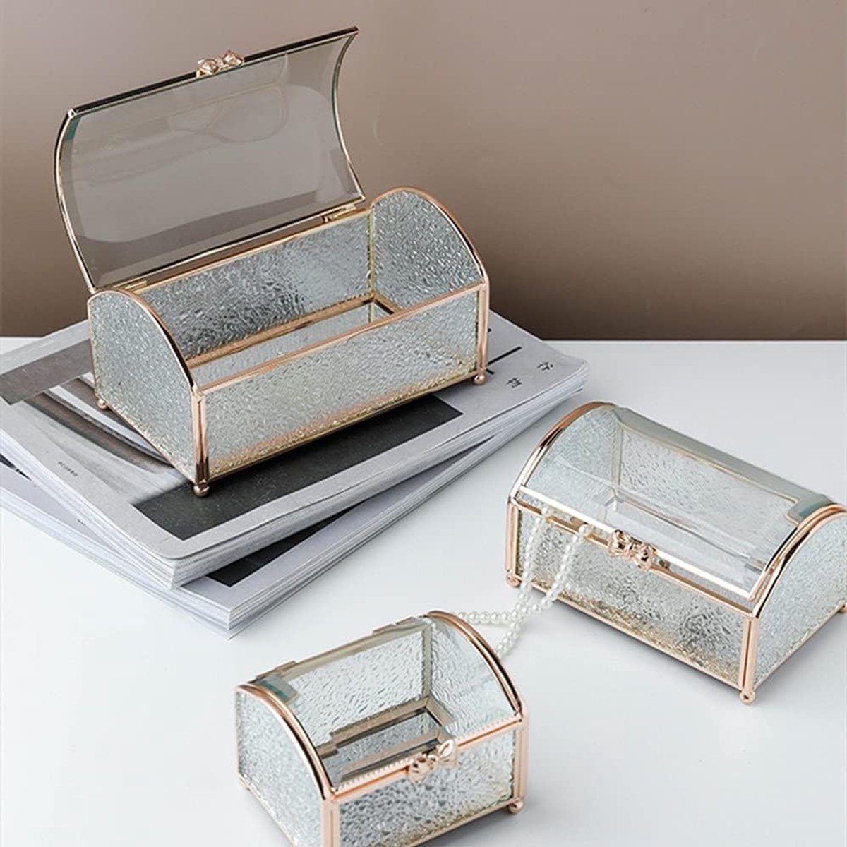 Vintage Sieradenbox van Glas met Dekkend Glasdeksel voor Decoratie en Opberging in de Woonkamer en Slaapkamer (L: 17.8 * 8.93 * 8.34 inch) - Perfect voor Ringen en Oorbellen