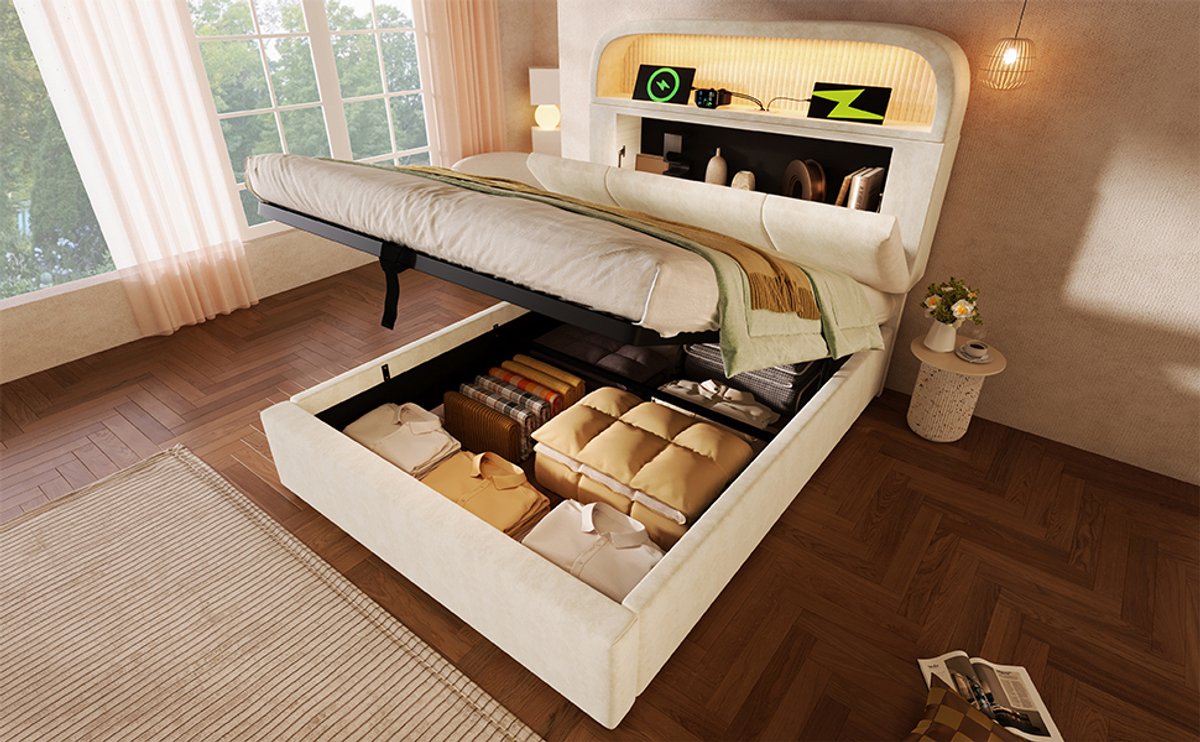 WUVRIE Normaal bed 90x200 cm met verstelbaar opberg hoofdbord, LED en USB, beige
