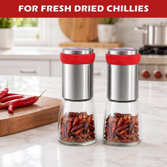 Chili Molen van RVS en Glas, 2-delige Kruidenmolen Set voor Grof Gemalen Specerijen, Peper en Gedroogde Chili, 140 ml Capaciteit — afbeelding 3