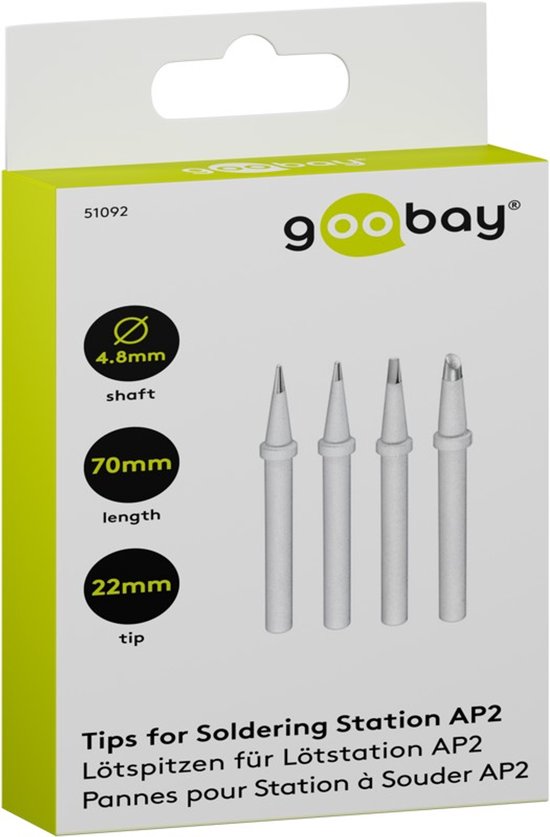 Verpakking van de Goobay soldeerstiftset AP2 met 4 verschillende uitvoeringen, 4.8mm schacht, 70mm lengte.