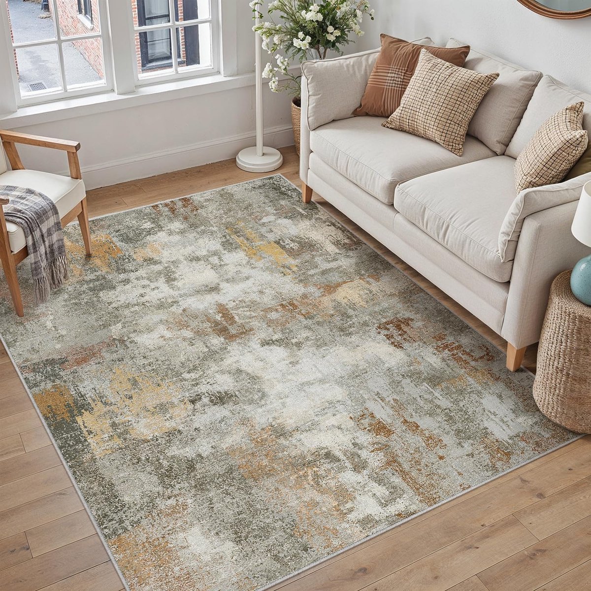 Vloerkleed - 120 x 180 cm - Rubber - Laagpolig - Vintage oosters - Antislip - Oranje en Grijs